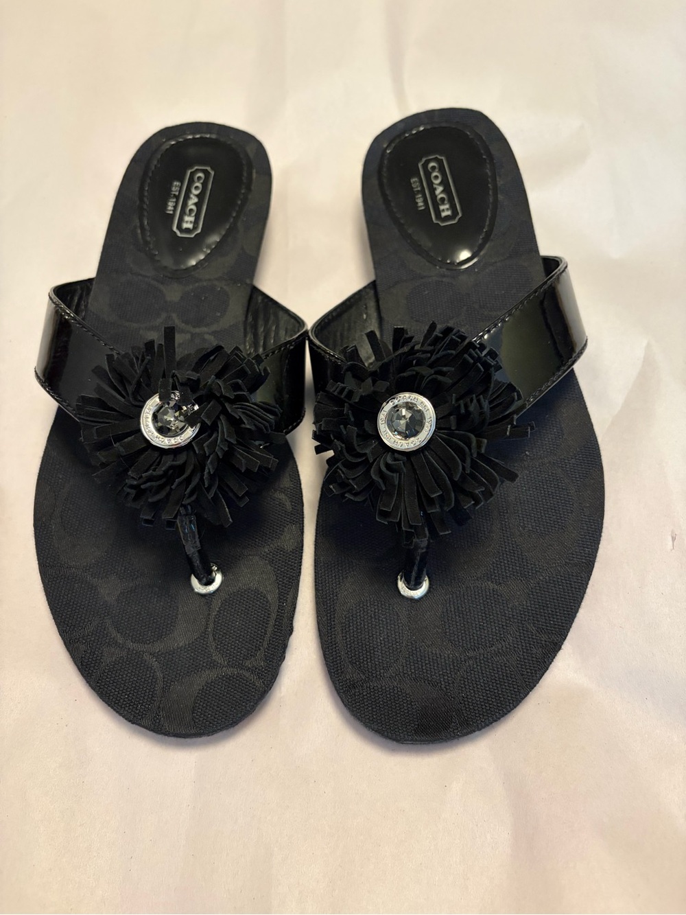 COACH Suki Black Patent Leather Thong Sandals with Gem & Suede Floral Fringe